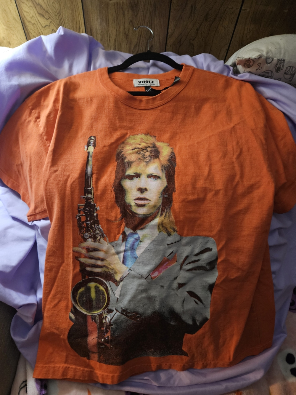 WHOLE x David Bowie Saxophone Portrait Orange Tee Shirt Size M Boxy